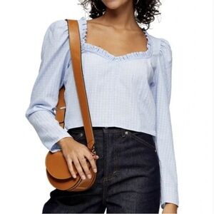 025 - TOPSHOP Light Blue Gingham
Sweetheart Neck Ruffle Puff Sleeve Crop Top 2
